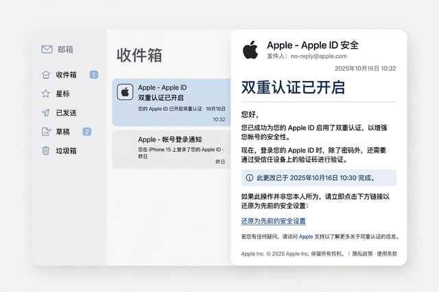 苹果双重认证确认邮件中的还原链接示意图