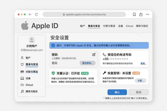苹果ID还原安全设置确认页面示意图