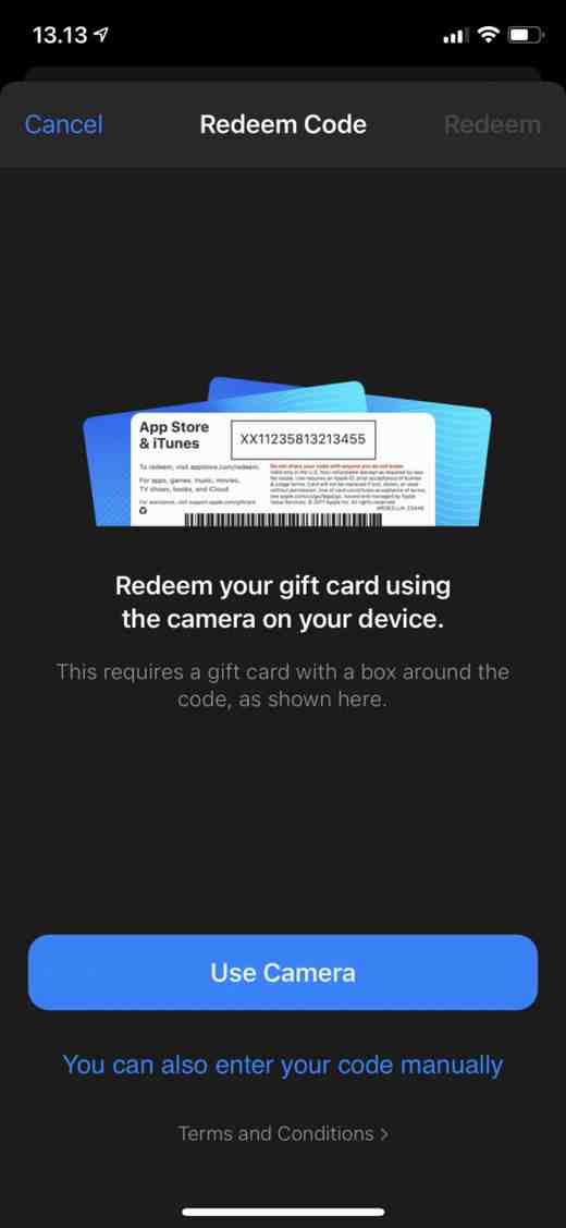 App Store 兑换礼品卡界面,可扫码或手动输入兑换码